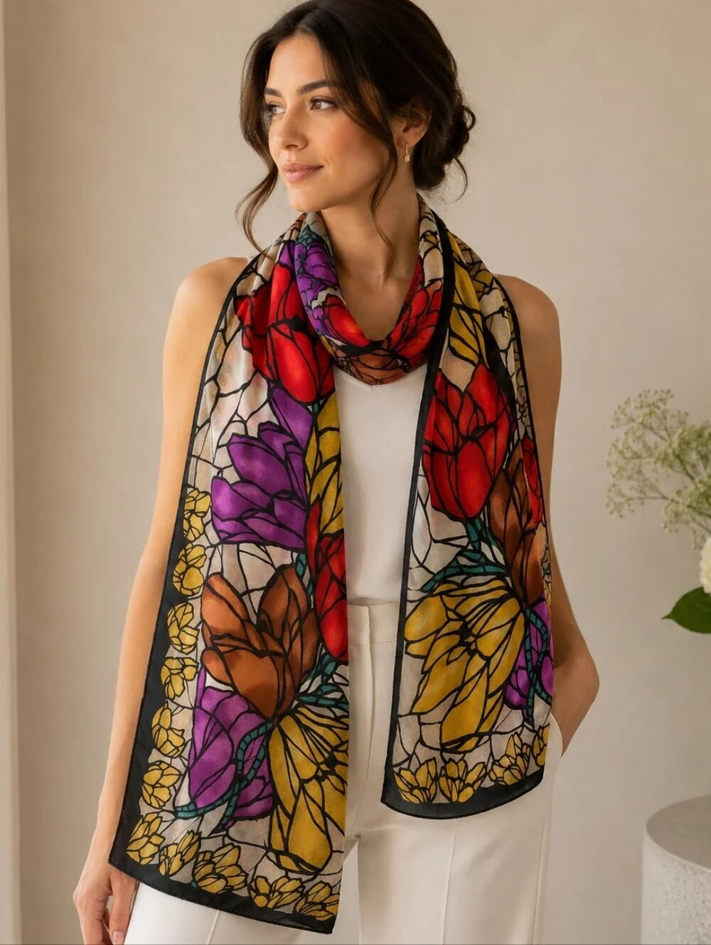 1960'S VINTAGE SILK SCARF BY THE SPECIALITY HOUSE0 STAINED GLASS WINDOW TULIPS